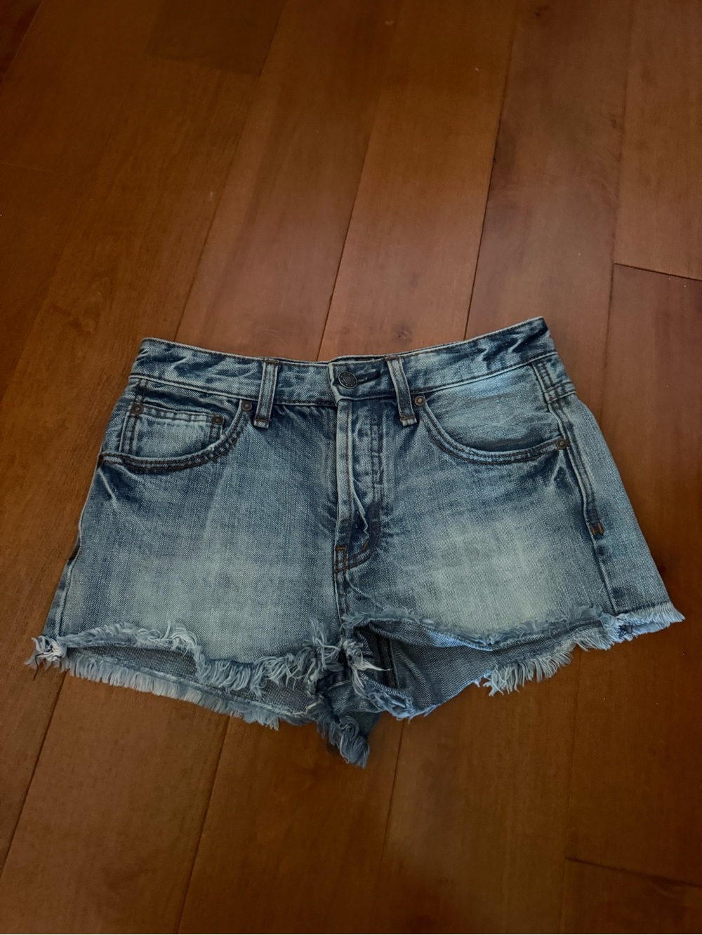 Free People Light Blue Frayed Hem Denim Shorts